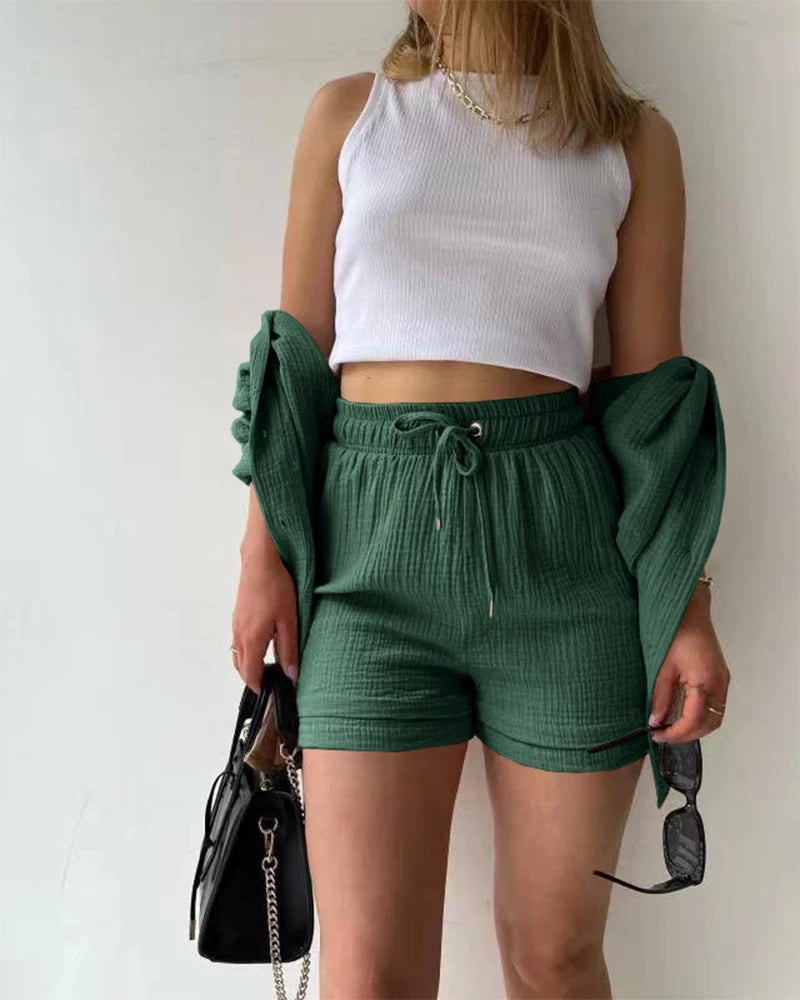 Summer Women's Suit Short Sets Outfits Muslin Suit For Women 2025 Two Piece Female Clothing Solid Button Outfits