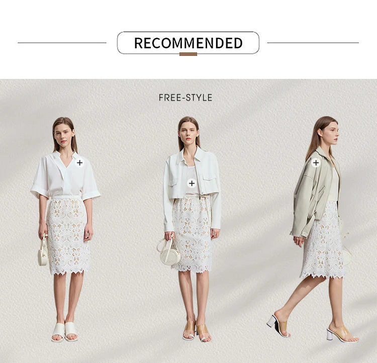 AMII Minimalist Beige Elegant Skirt Straight 2025 Summer Office Lady Romantic Flower Lace Embroidery Women Midi Skirts 12542169
