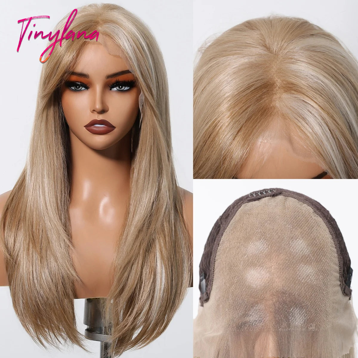 Ombre Blonde Platinum Synthetic Lace Frontal Wigs Long Straight 13*6 Lace Front Wigs for Women Daily Heat Resistant Hairline Wig