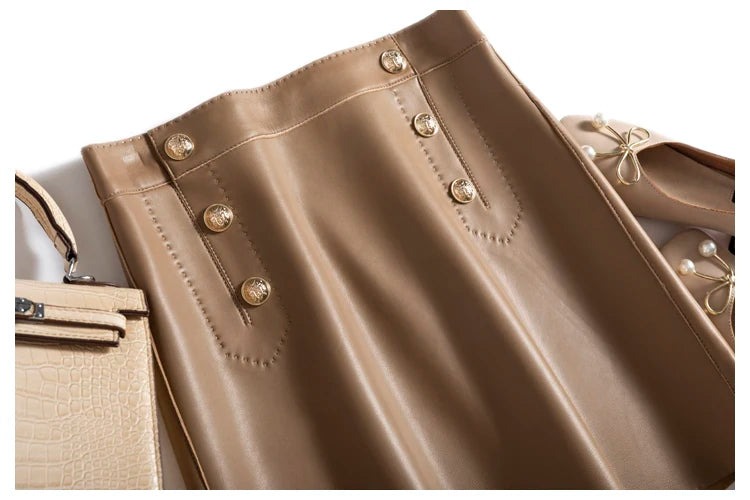 Moda Linda Lambskin Mini Skirts Women Handmade Arch Needle High Waist Wrap Leather Etek Khaki Double Breasted Metal Button Jupe