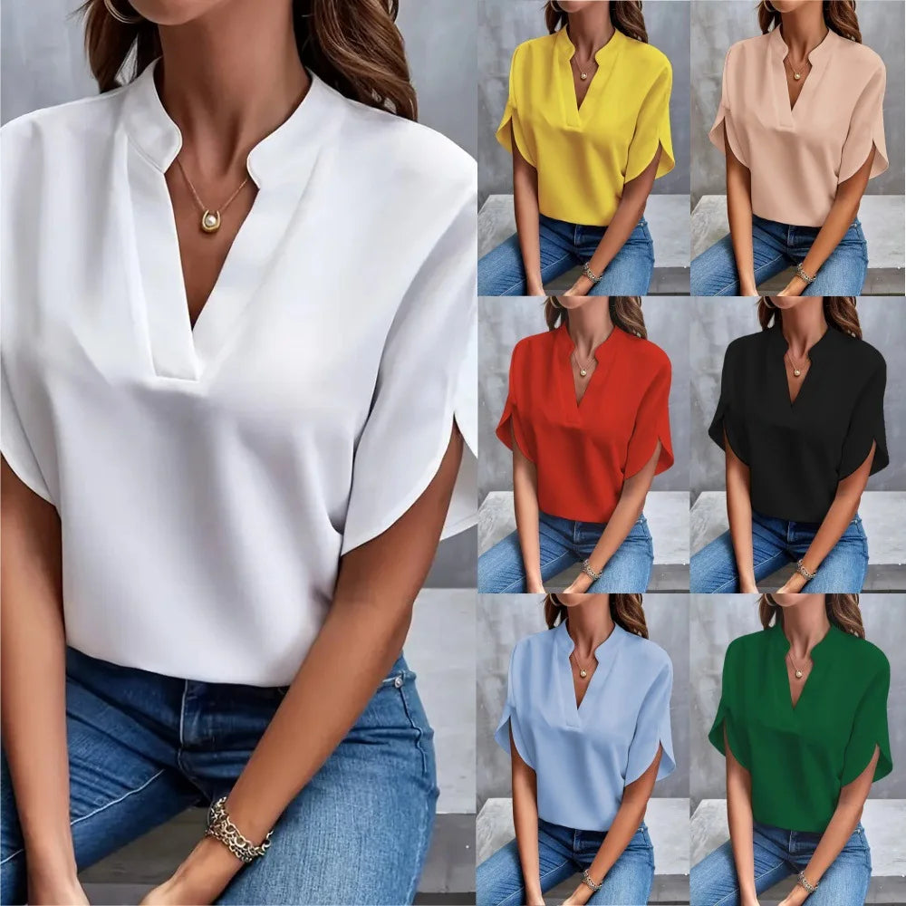 Summer Elegant Women's Blouse New V-neck Short Sleeve Solid Color Loose Shirt Casual White Tops Office Lady Blouses