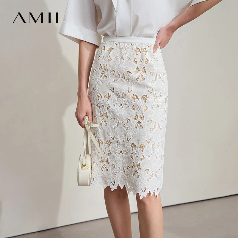 AMII Minimalist Beige Elegant Skirt Straight 2025 Summer Office Lady Romantic Flower Lace Embroidery Women Midi Skirts 12542169
