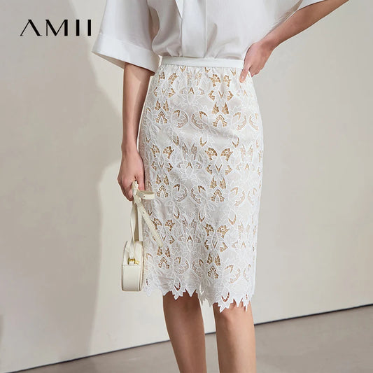 AMII Minimalist Beige Elegant Skirt Straight 2025 Summer Office Lady Romantic Flower Lace Embroidery Women Midi Skirts 12542169