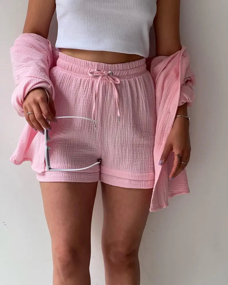 Summer Women's Suit Short Sets Outfits Muslin Suit For Women 2025 Two Piece Female Clothing Solid Button Outfits