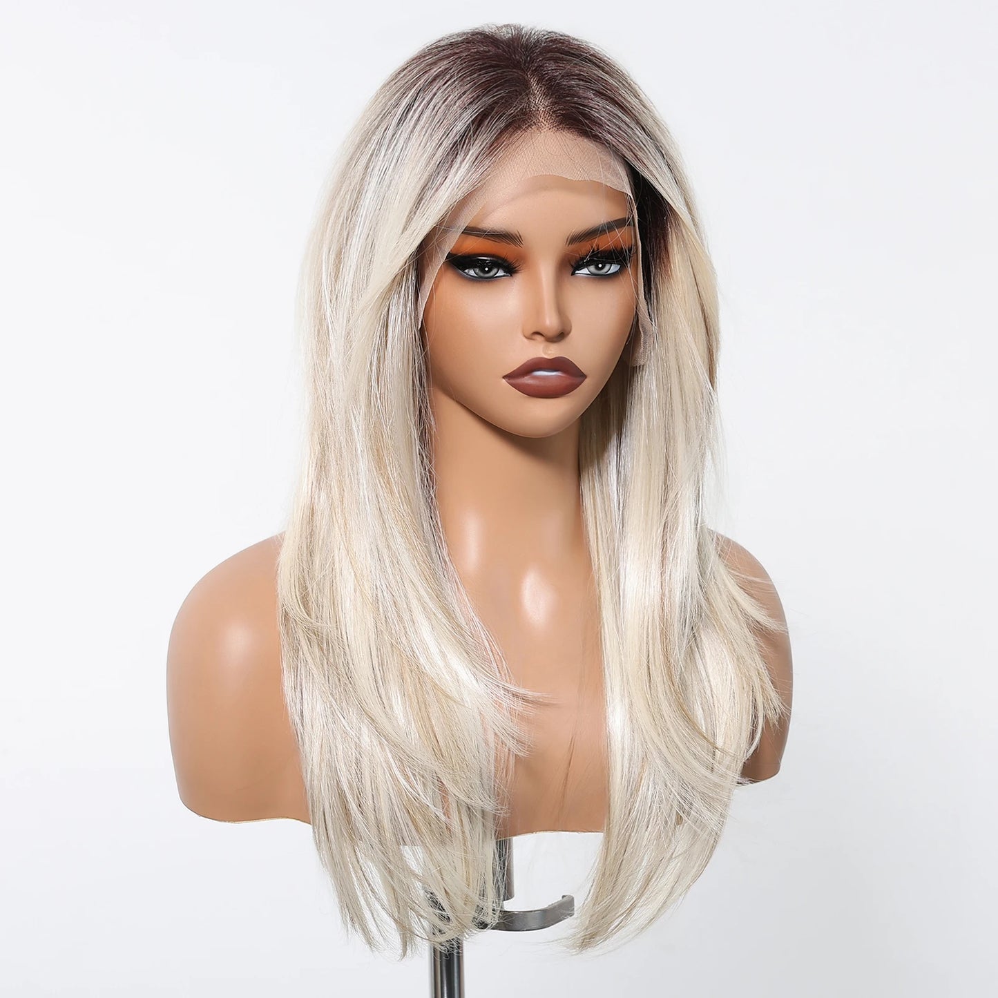 Ombre Blonde Platinum Synthetic Lace Frontal Wigs Long Straight 13*6 Lace Front Wigs for Women Daily Heat Resistant Hairline Wig