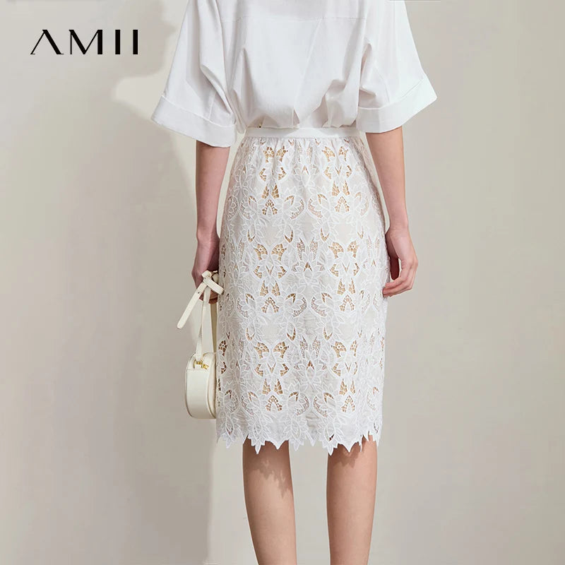 AMII Minimalist Beige Elegant Skirt Straight 2025 Summer Office Lady Romantic Flower Lace Embroidery Women Midi Skirts 12542169