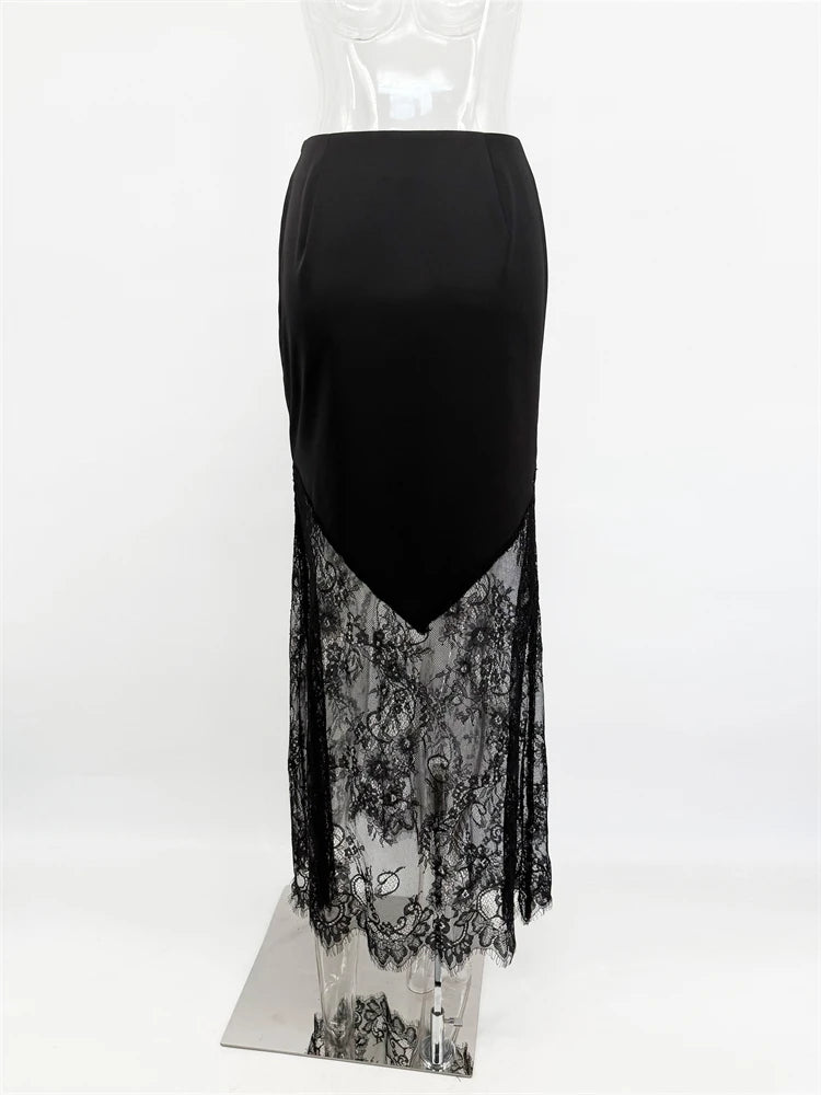 Women Patchwork Lace Skirts 2026 New Vintage High Waist Slim Hollow Out Maxi Skirts Autumn Brown Fashion Party Club Boho Skirt