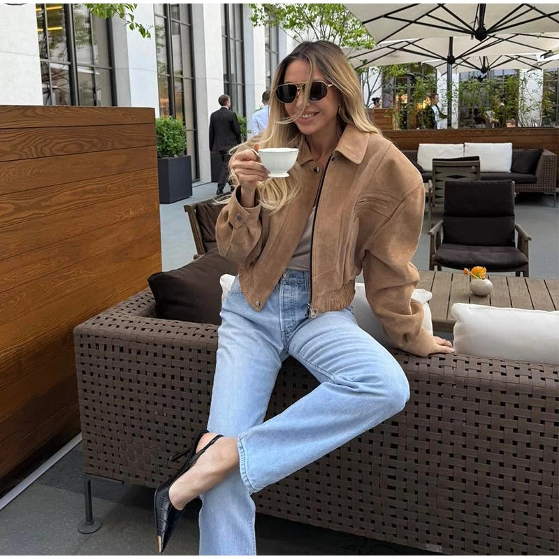 Women's Brown Suede Short Jackets Casual Lapel Zippered Full Sleeves Pocket Loose Short Coats 2025 Autumn Daily Commute Outwear