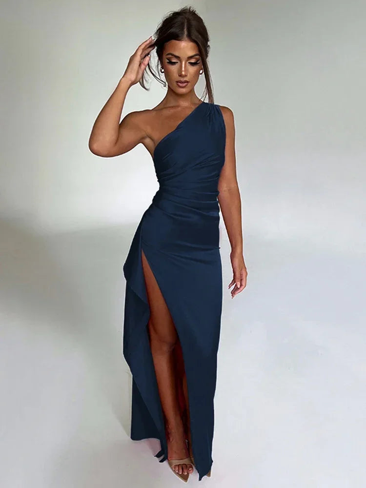 The One-Shoulder Satin Split Maxi
