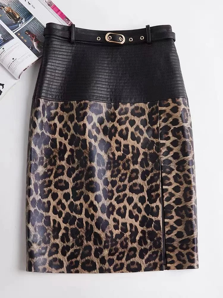2025 New Spring Women Genuine Leather Skirt Feminino Slim Leopard Pattern Split  Wrapped Jupe Mujer Mid Length Striped Belt Saia