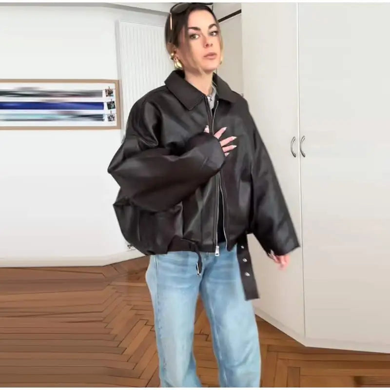 The Belted PU Bomber Jacket
