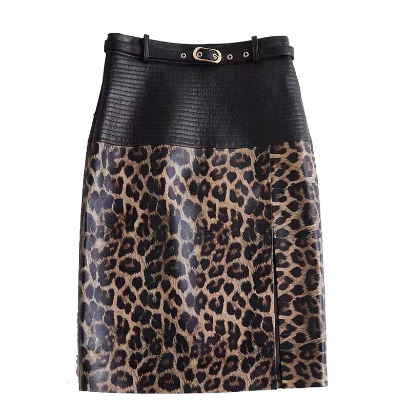 2025 New Spring Women Genuine Leather Skirt Feminino Slim Leopard Pattern Split  Wrapped Jupe Mujer Mid Length Striped Belt Saia