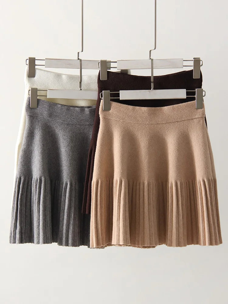 Black Mini Pleated Skirt Gray Women Elastic Waist Short Knitted Skirt For Autumn White A Line Knit Short School Skirt For Women