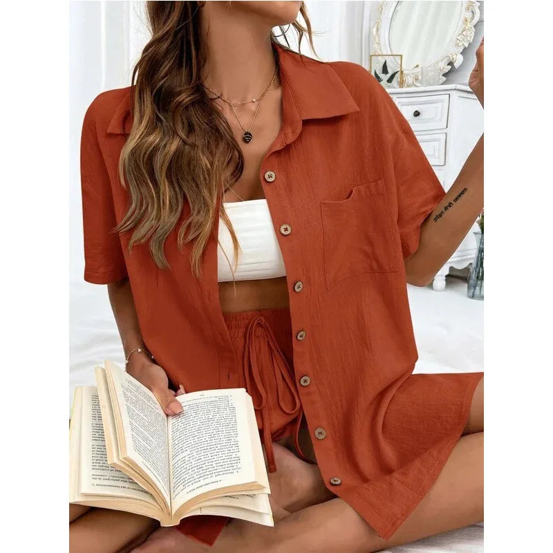 Solid Color Casual Loose Short Pants Sets For Women 2024 Elegant Summer Women's Two Pieces Suit Full Set Female Outfit Clothes