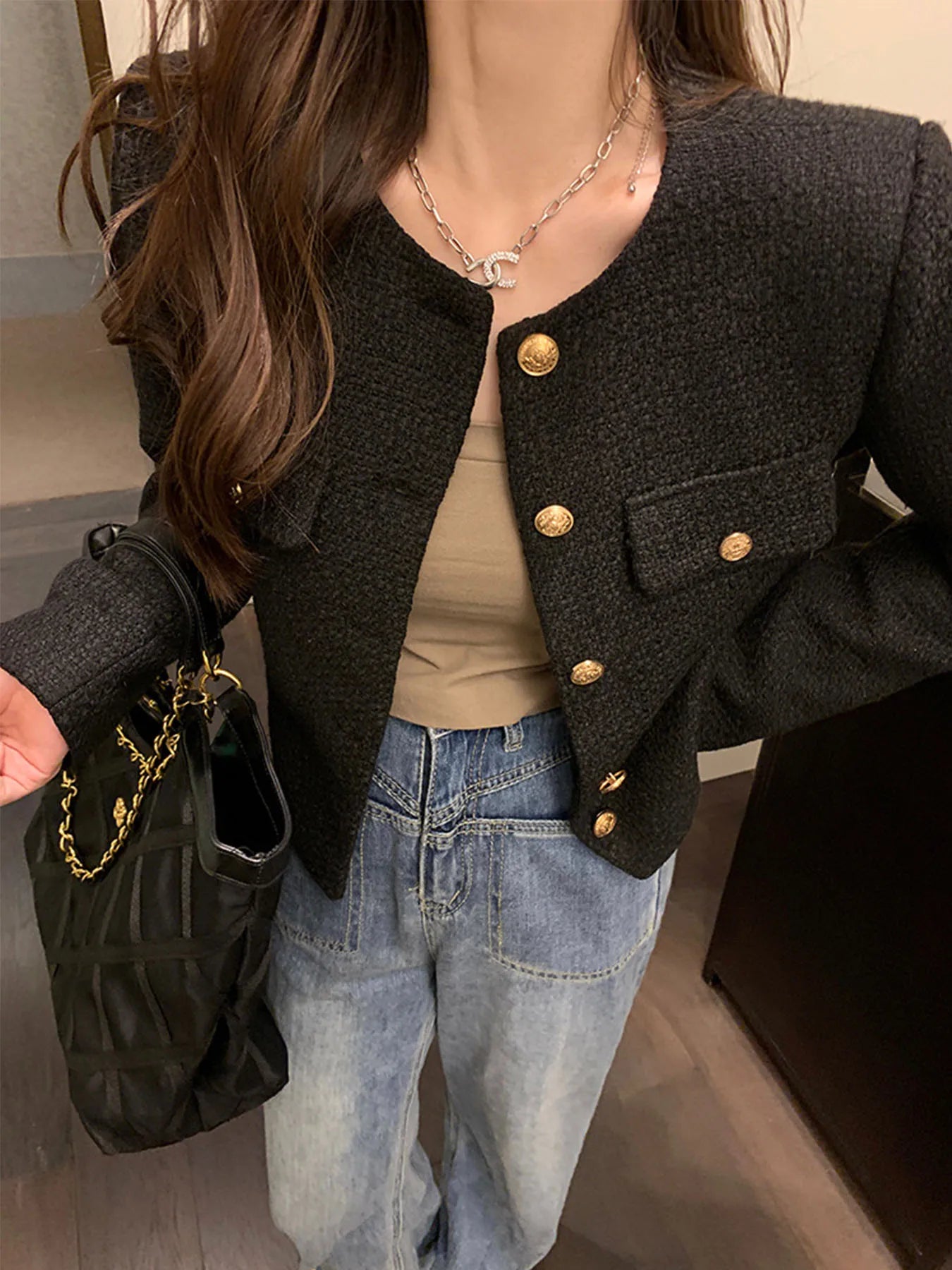 French Wool Tweed Coat Fashion High-end Gold Button Short Slim Temperament Spring and Autumn Korean Coats Women Jacket New
