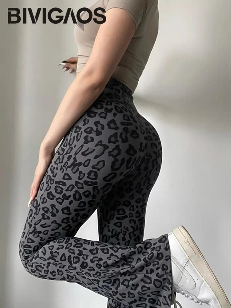 BIVIGAOS Spring Summer Leopard Print Flared Leggings Women Sharkskin High Waist Tight Sport Pilates Sexy Fitness Horseshoe Pants