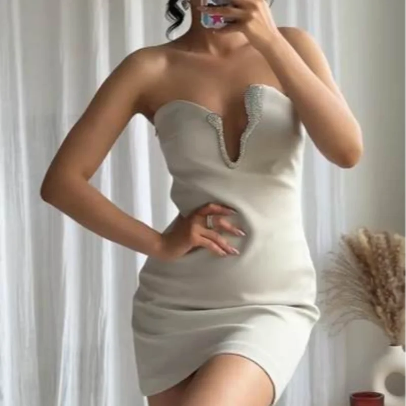 Sexy Asymmetric Rhinestone Short Skirt Set Women Solid  Strapless Sleeveless Crop Tops Mini Skirts 2026 Spring Lady Elegant Gown