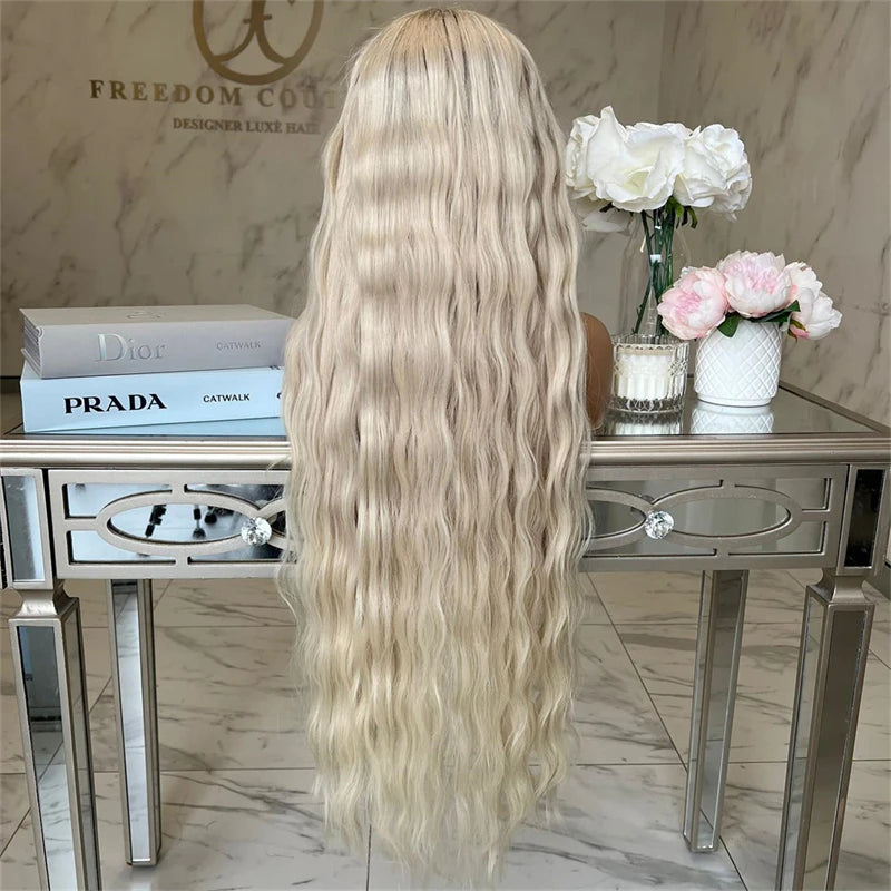 Ombre Lace Front Wig Cosplay Party Blonde Synthetic Wig Ombre Blonde Deep Wave High Heat Fiber 34inchs Long Lace Frontal Wig