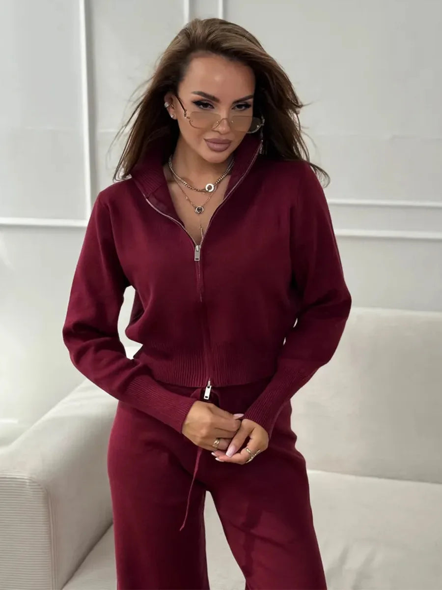 Wolfeel  New Autumn Winter Zip Up Knit Pants Set Women's Trendy Slim Fit Cardigan Pants Chic Commuting Sweater Outfit