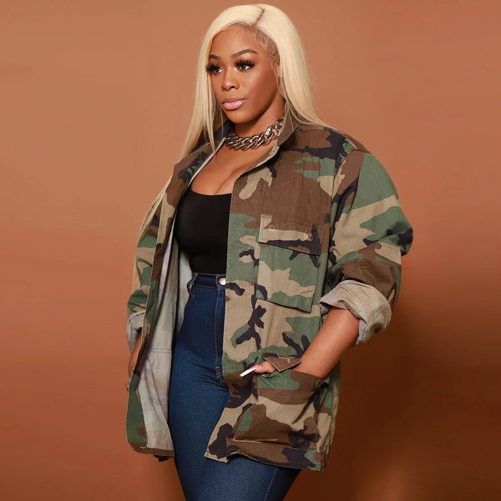 Jackets for Women Camouflage Coat Coats Turn Down Collar Full Sleeve Jacket Single Breasted Jacket Casual Pockets Autumn Spring