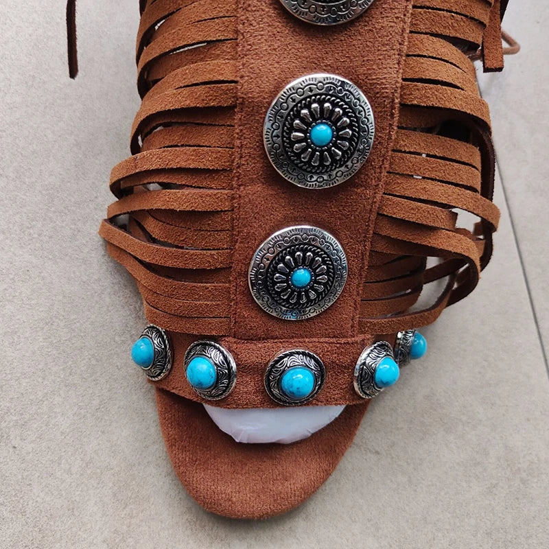 Real cow suede leather  tassels women sandal peep toe jewel lace up 10cm high heels
