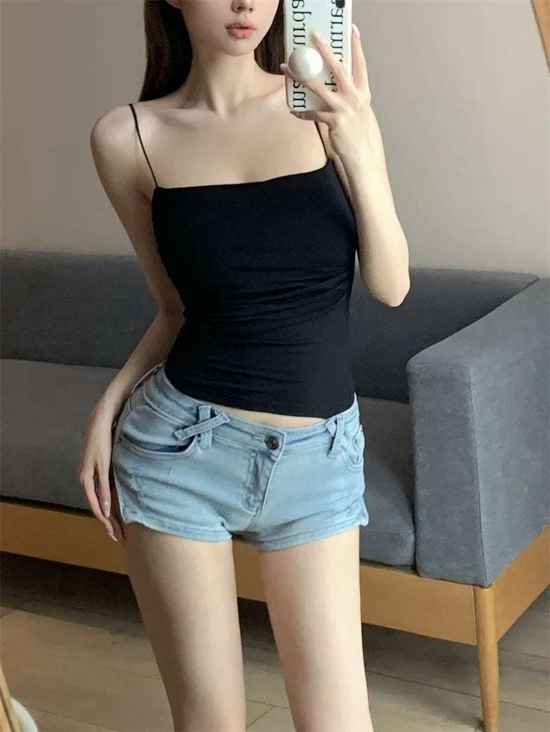 Sexy Short Top With Thin Straps Plain White Tank Top Korean Style Women's Sleeveless Top Tank Underwear Fitted Camisole