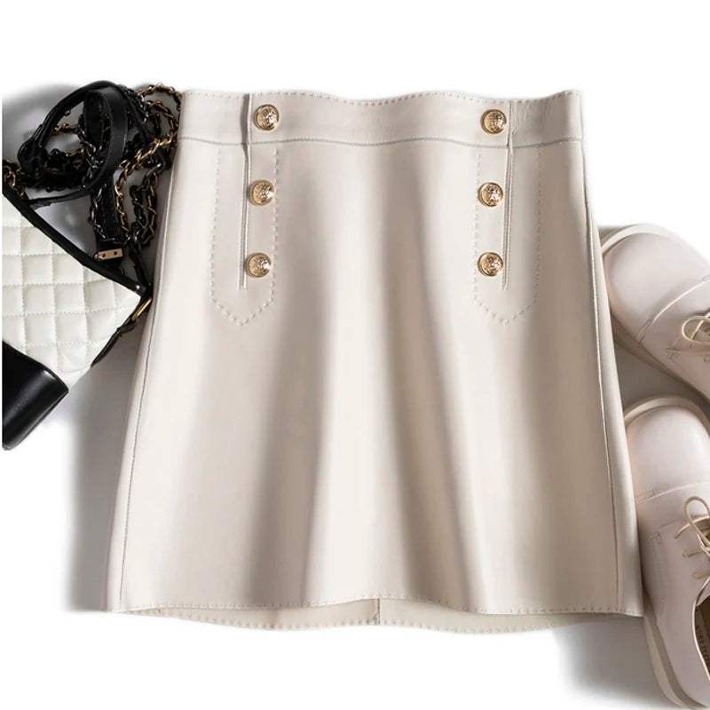 Moda Linda Lambskin Mini Skirts Women Handmade Arch Needle High Waist Wrap Leather Etek Khaki Double Breasted Metal Button Jupe