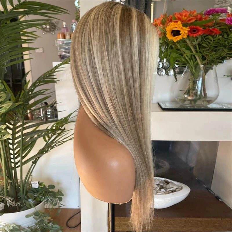 Ombre Ash Blonde Brown Lace Front Wig High Quality Synthetic Wig Real Wig Top Lace High Heat Fibre Soft Long Straight Wig 26''