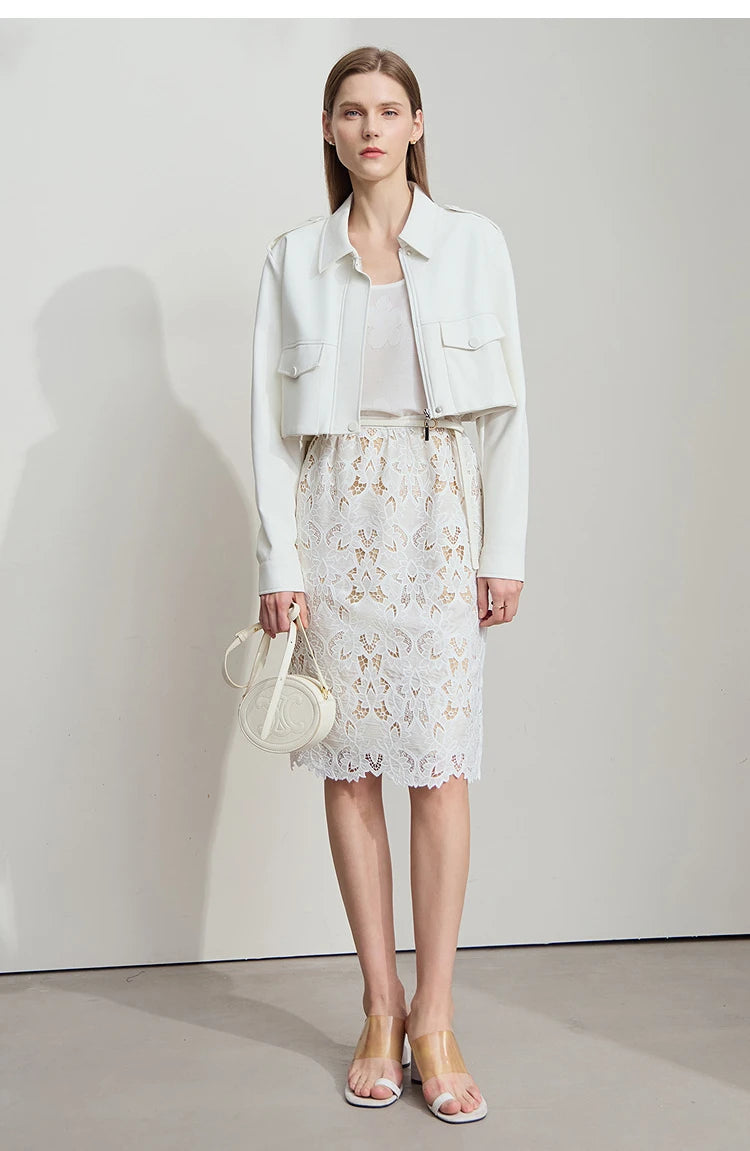 AMII Minimalist Beige Elegant Skirt Straight 2025 Summer Office Lady Romantic Flower Lace Embroidery Women Midi Skirts 12542169