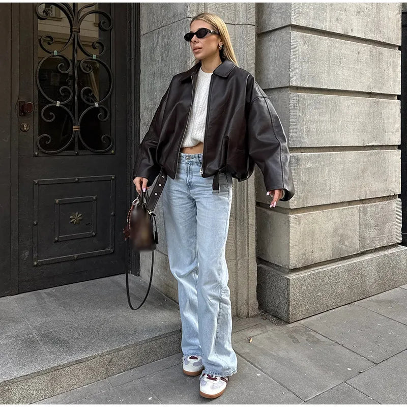 The Belted PU Bomber Jacket