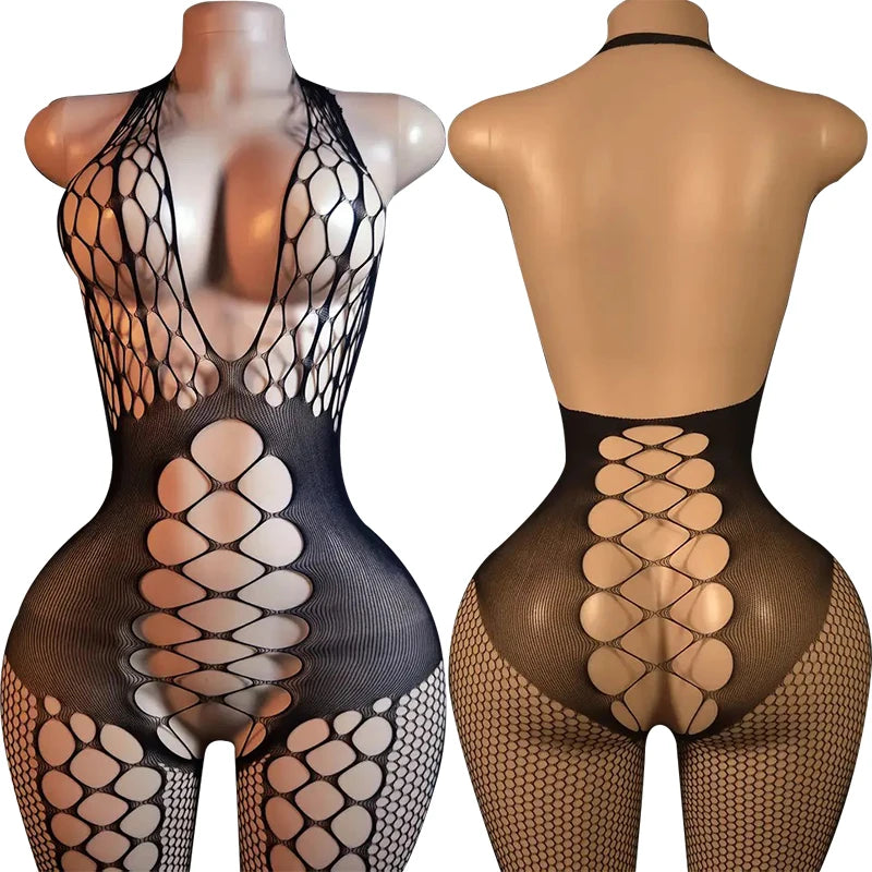 Erotic Crotchless Lingerie For Women Mesh Translucent Bra Set Lace Floral Print Bodysuit Fishnet Sexy Hollow Out Underwear Set