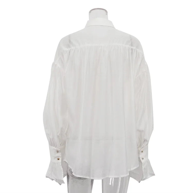 Bornladies Autumn Women's Fashionable Loose Collared Shirt Office Lady Solid Color Versatile Flare sleeve Top Long Sleeved Shirt