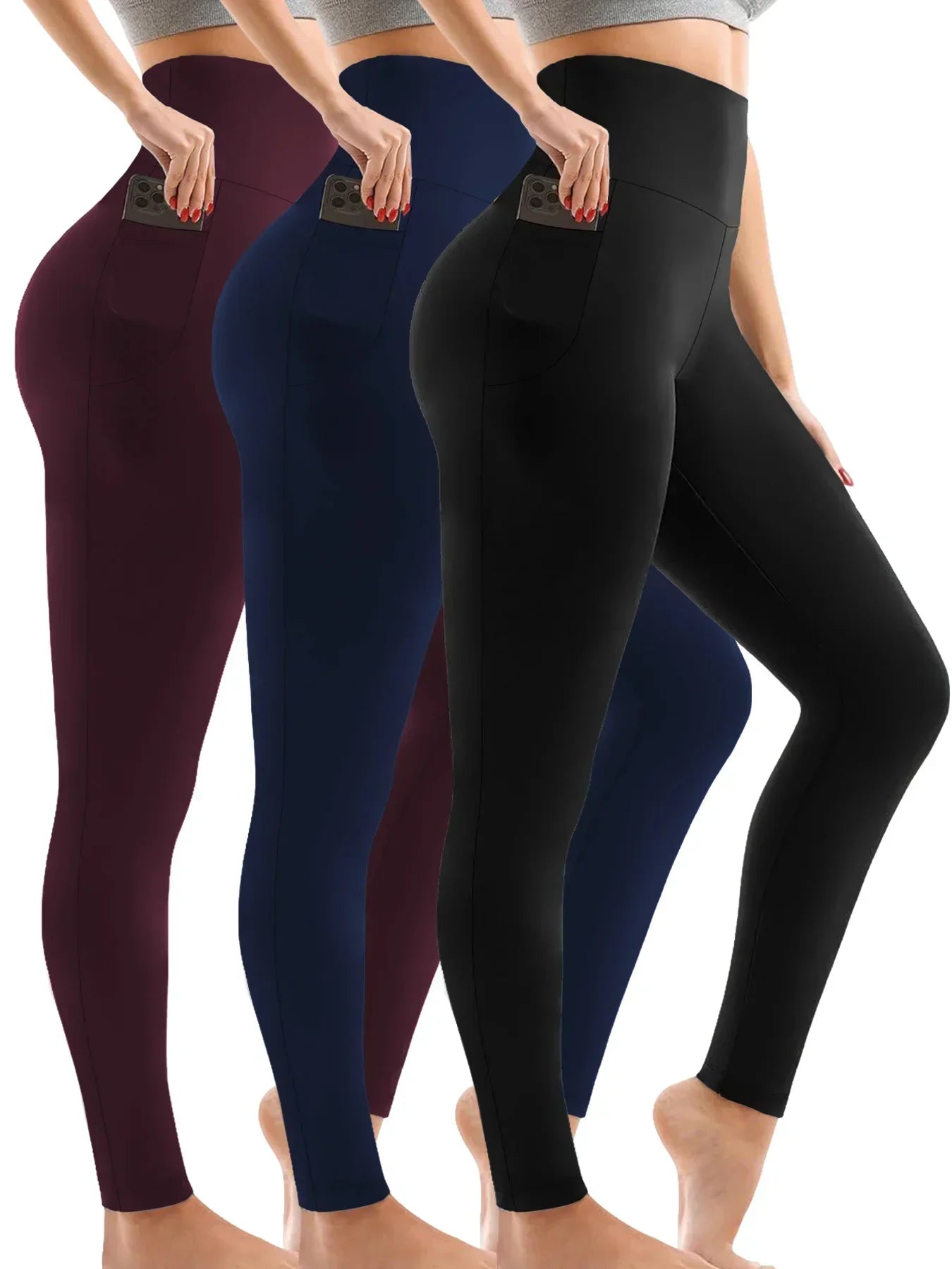 3 Pack Super Soft Leggings with Pockets for Women, High Waisted Tummy Control Workout Yoga Running Pants Leggings