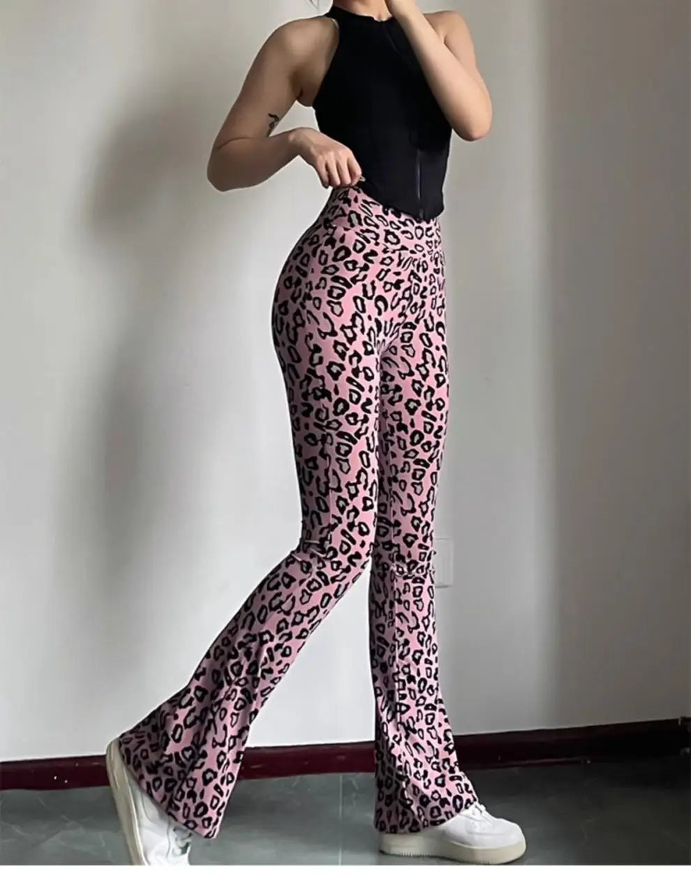 BIVIGAOS Spring Summer Leopard Print Flared Leggings Women Sharkskin High Waist Tight Sport Pilates Sexy Fitness Horseshoe Pants