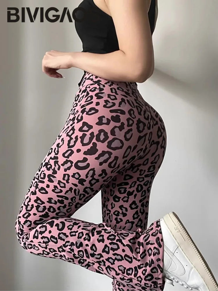 BIVIGAOS Spring Summer Leopard Print Flared Leggings Women Sharkskin High Waist Tight Sport Pilates Sexy Fitness Horseshoe Pants