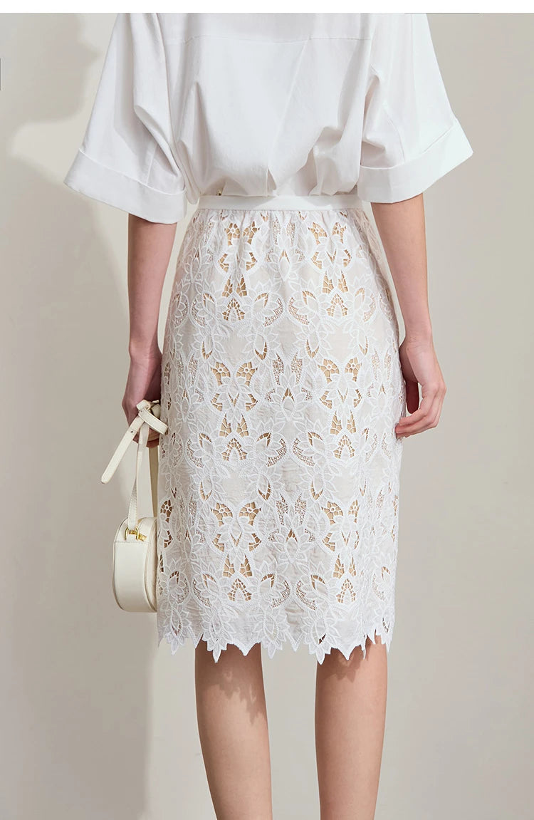 AMII Minimalist Beige Elegant Skirt Straight 2025 Summer Office Lady Romantic Flower Lace Embroidery Women Midi Skirts 12542169