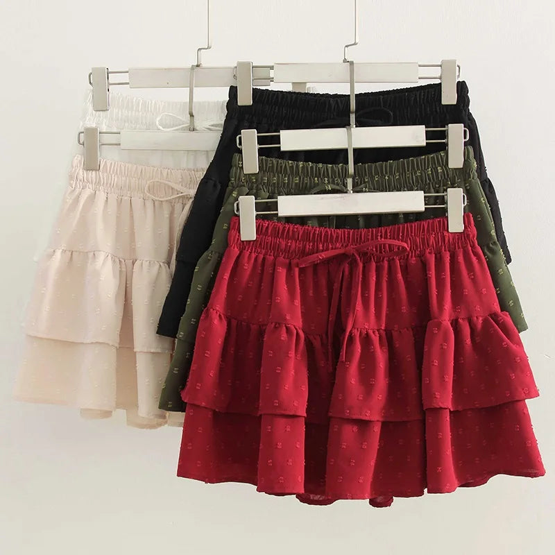 Streamgirl Women Mini Skirts With Shorts Under Summer Clothes Tie Up A Line Short White Pleated Ruffled Layered Skirt For Women