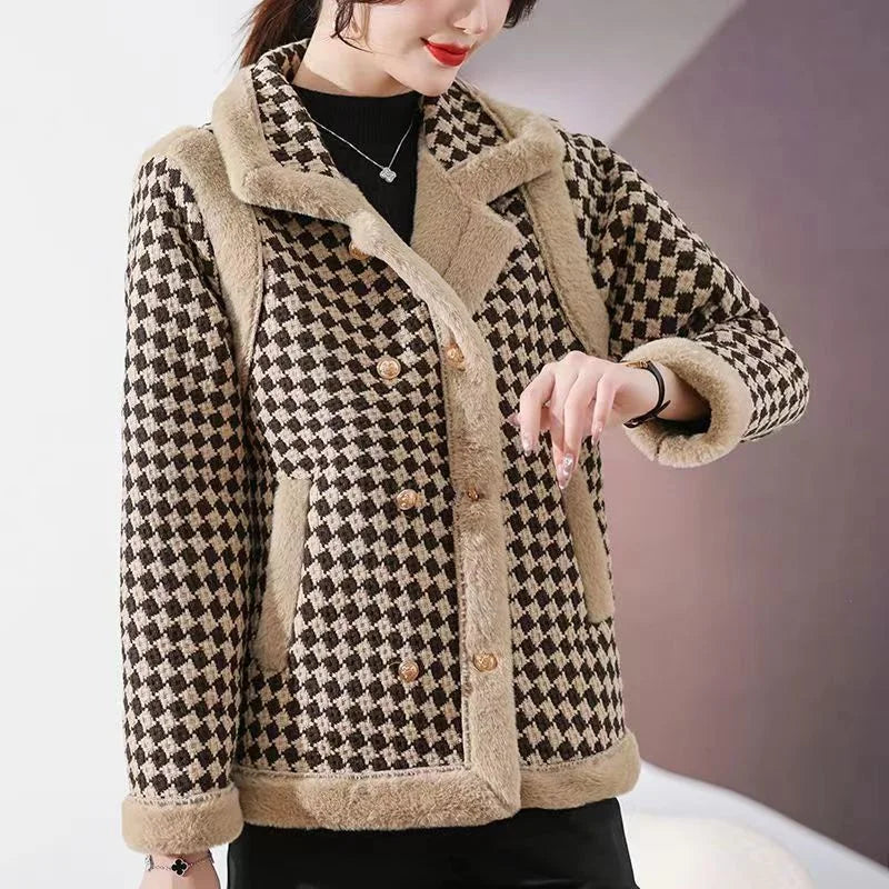 New Autumn And Winter Clothes With Velvet Padded Coat Female Short Korean Version Woolen Lattice Temperament Keep Warm Coat