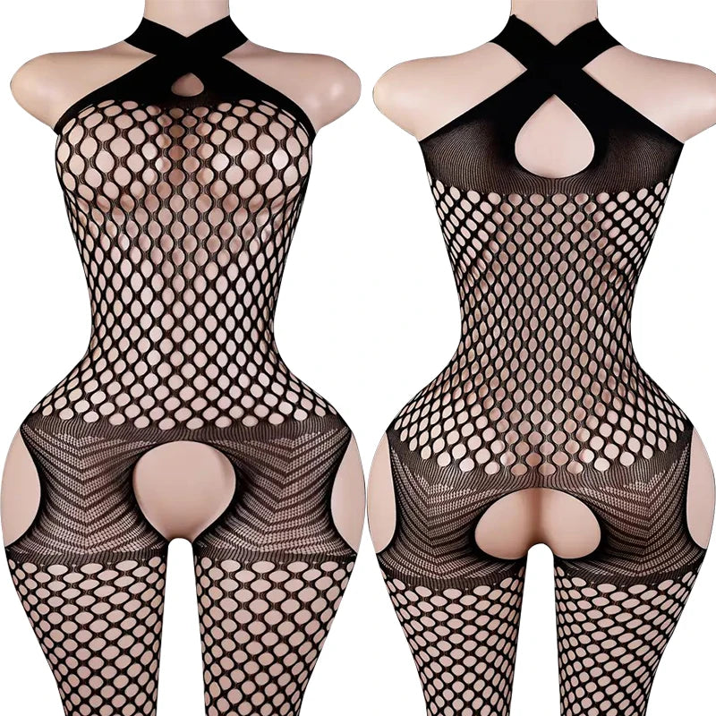 Erotic Crotchless Lingerie For Women Mesh Translucent Bra Set Lace Floral Print Bodysuit Fishnet Sexy Hollow Out Underwear Set