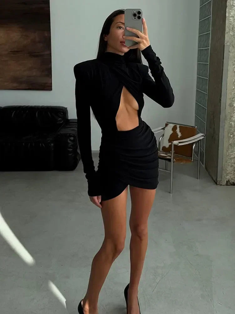 Black Hollow Out Mini Dress Women's Long Sleeve Sexy High Collar Slim A-line Dresses 2025 Lady Evening Party Club Gowns Autumn