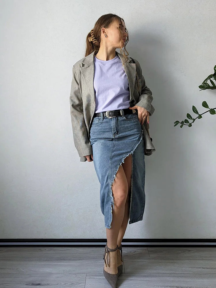 Streamgirl Irregular Split Denim Skirts For Women Midi Summer Casual Tassel Denim Skirt Lady Sexy A Line Jeans Skirt Women 2024