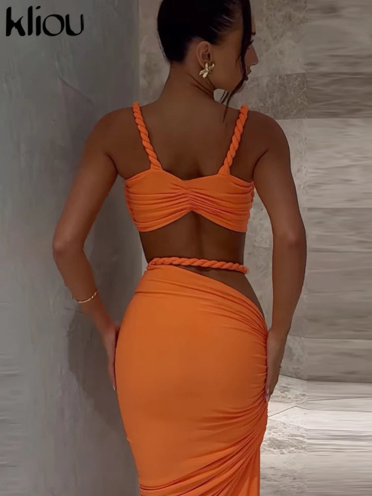 kliou Woven Sexy Women 2 Piece Set Stunning Hot Solid Pleated Crop Camisoles+High Waist Maxi Skirts Female Trend Vacation Outfit