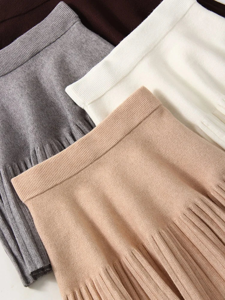 Black Mini Pleated Skirt Gray Women Elastic Waist Short Knitted Skirt For Autumn White A Line Knit Short School Skirt For Women