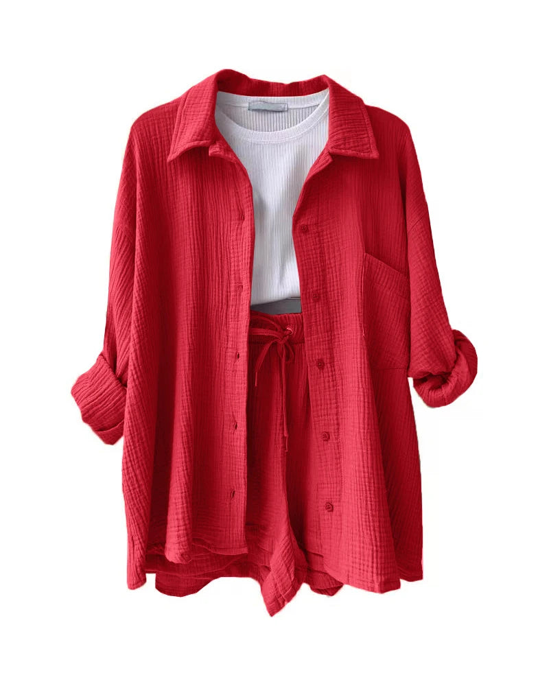 Summer Women's Suit Short Sets Outfits Muslin Suit For Women 2025 Two Piece Female Clothing Solid Button Outfits