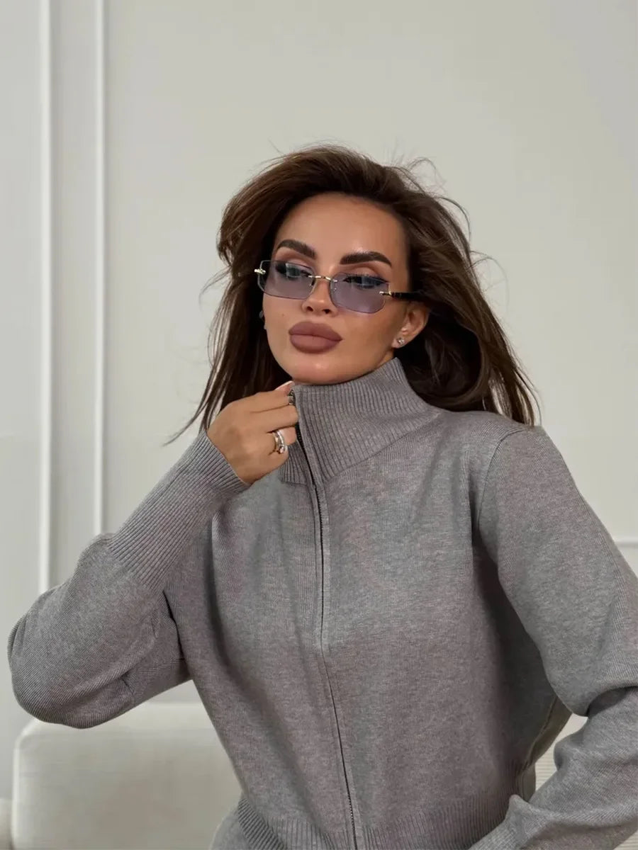 Wolfeel  New Autumn Winter Zip Up Knit Pants Set Women's Trendy Slim Fit Cardigan Pants Chic Commuting Sweater Outfit