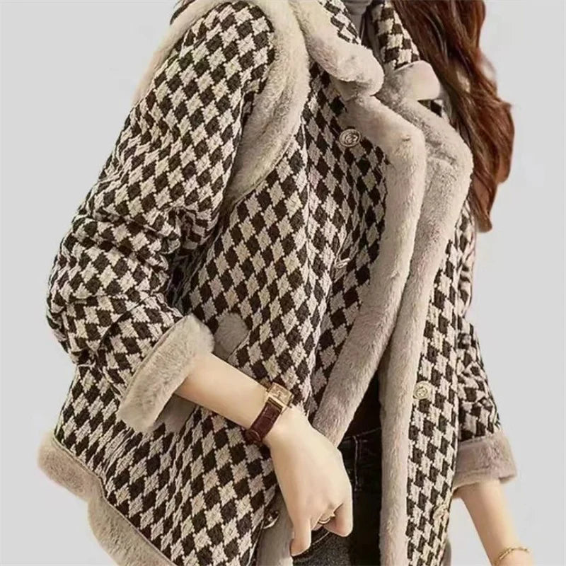 New Autumn And Winter Clothes With Velvet Padded Coat Female Short Korean Version Woolen Lattice Temperament Keep Warm Coat