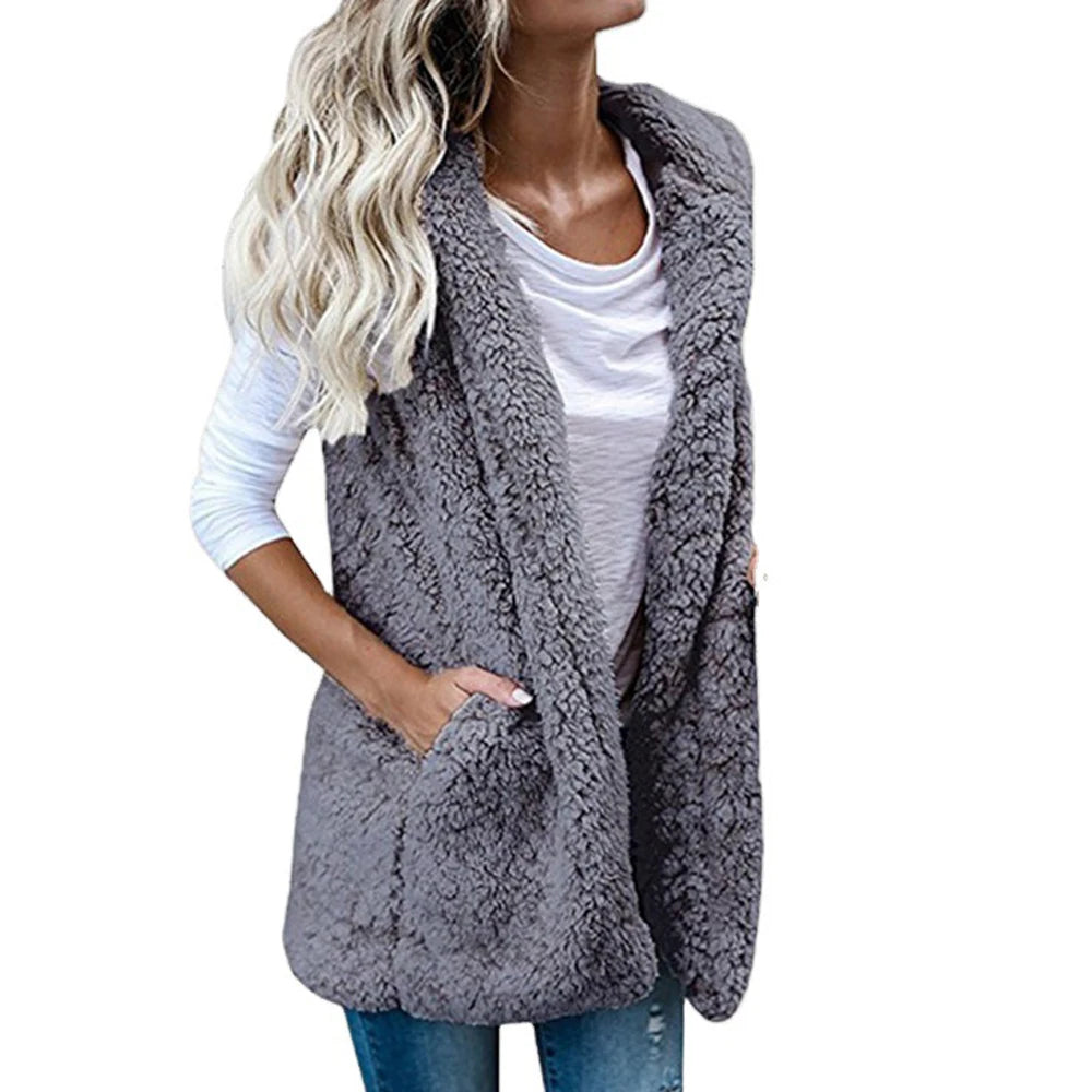Women Fleece Coats Summer Fashion Pocket Sleeveless Long Loose Waistcoats Outwear LRFZ-6699