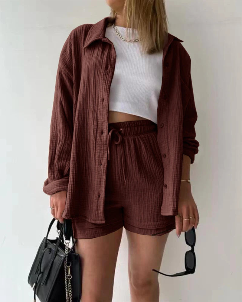 Summer Women's Suit Short Sets Outfits Muslin Suit For Women 2025 Two Piece Female Clothing Solid Button Outfits