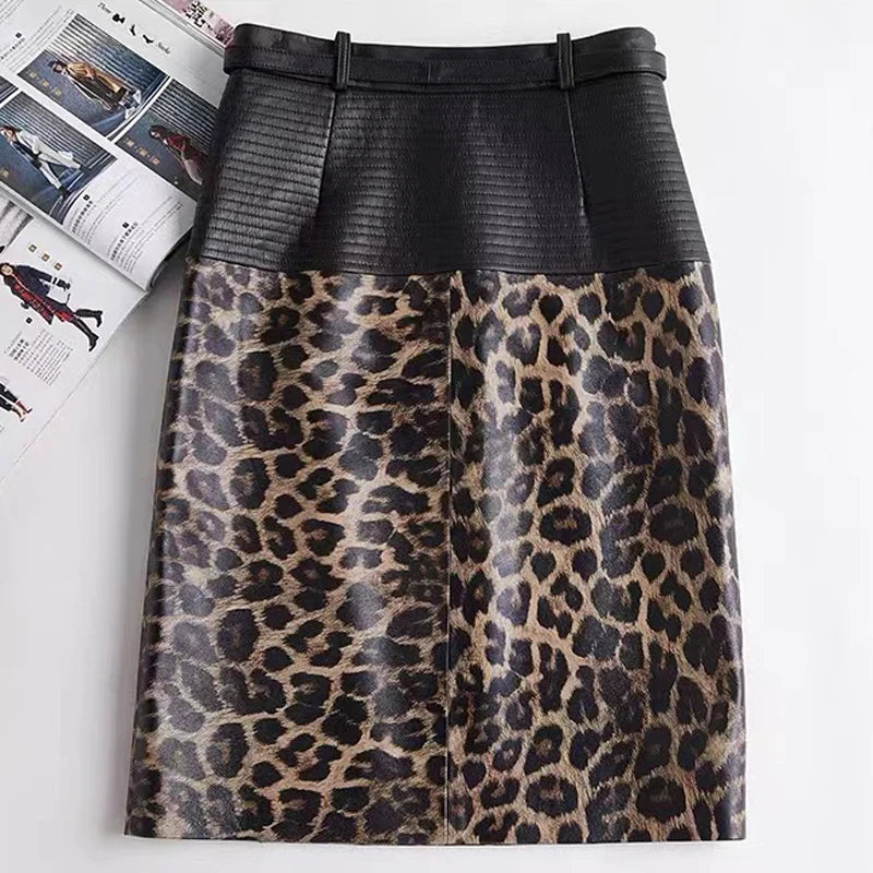 2025 New Spring Women Genuine Leather Skirt Feminino Slim Leopard Pattern Split  Wrapped Jupe Mujer Mid Length Striped Belt Saia