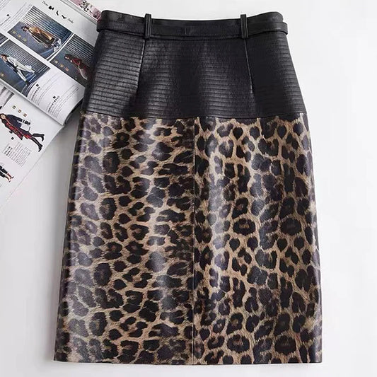 2025 New Spring Women Genuine Leather Skirt Feminino Slim Leopard Pattern Split  Wrapped Jupe Mujer Mid Length Striped Belt Saia
